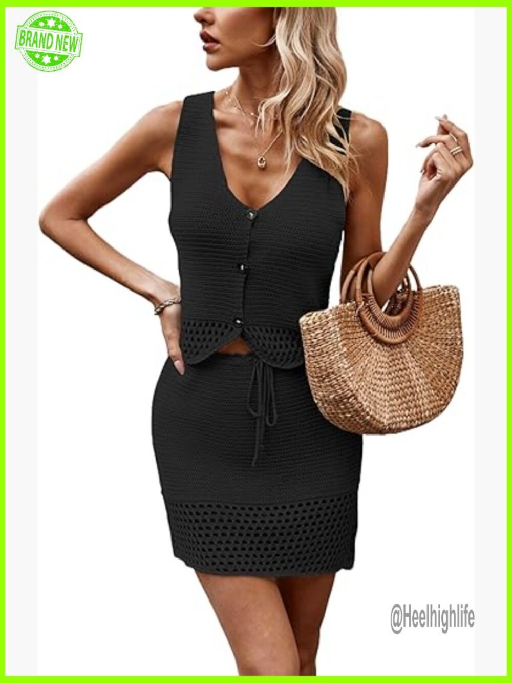 Crochet Hollow Out V-Neck Crop Top & Skirt Set, 100% Viscose, Summer Vacation